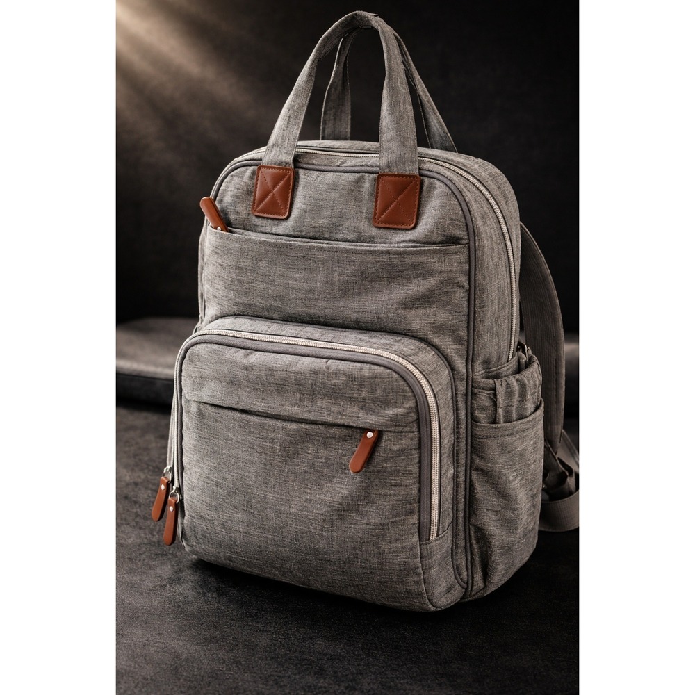 Trend Lab Gray Diaper Bag‎ Backpack Heathered Fabric Brown Trim 178-60771
